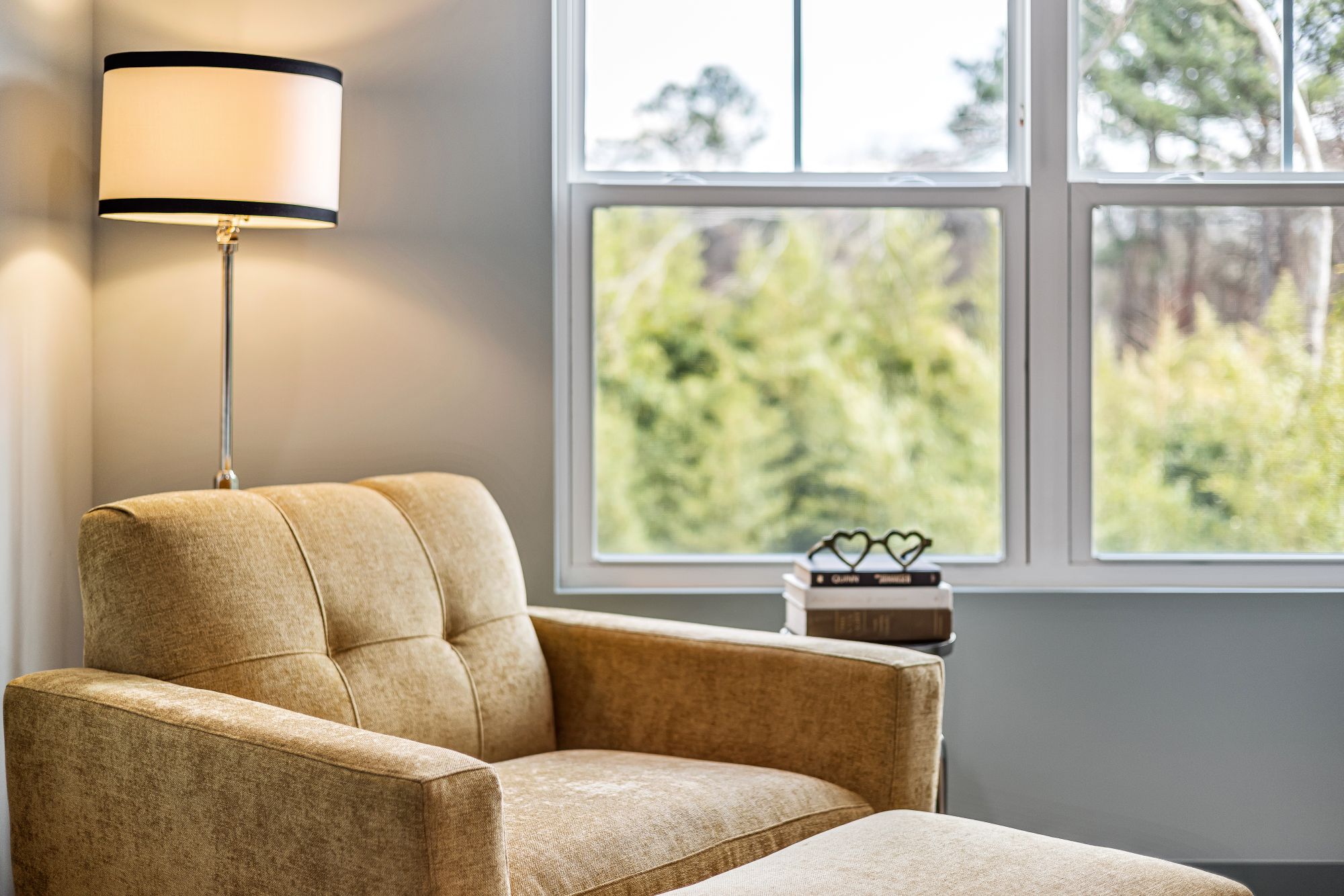 An armchair and a reading lamp beside a bright window